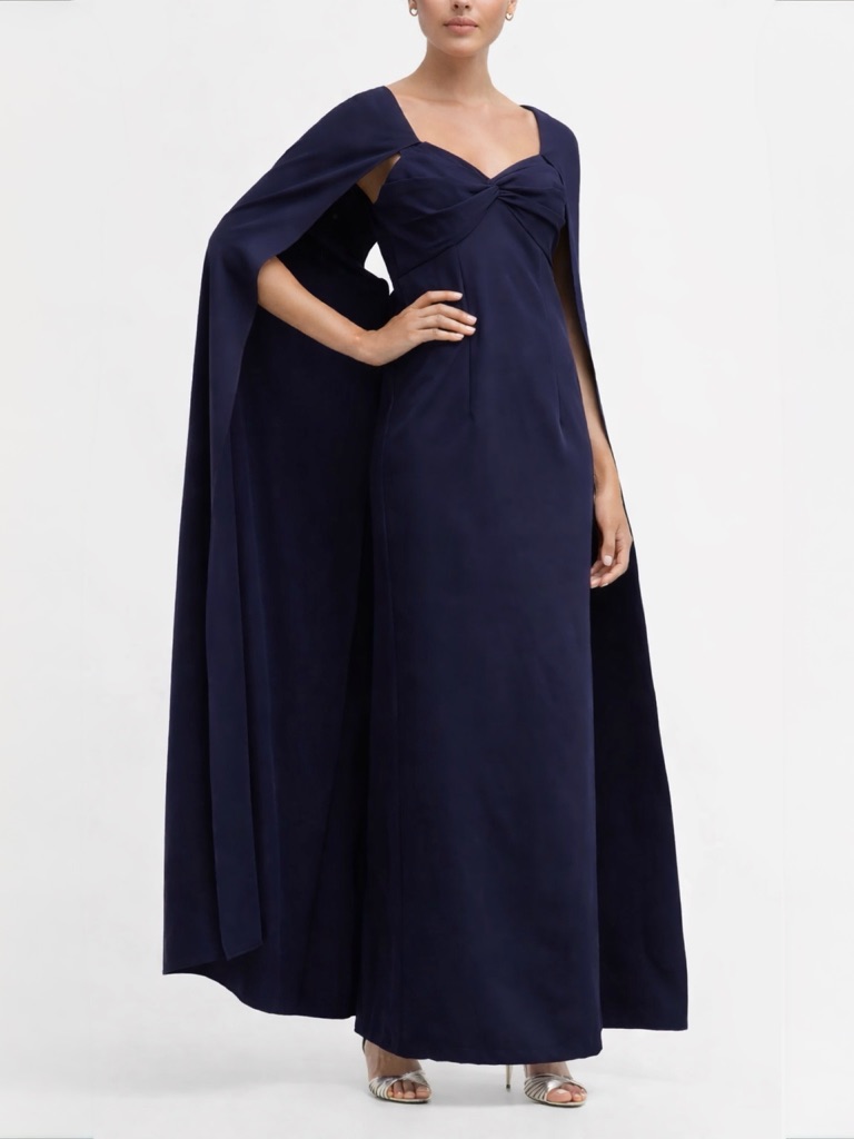 Marchesa Notte Cape Effect Twisted Stretch Crepe Gown Size 6 Nwt Navy Blue